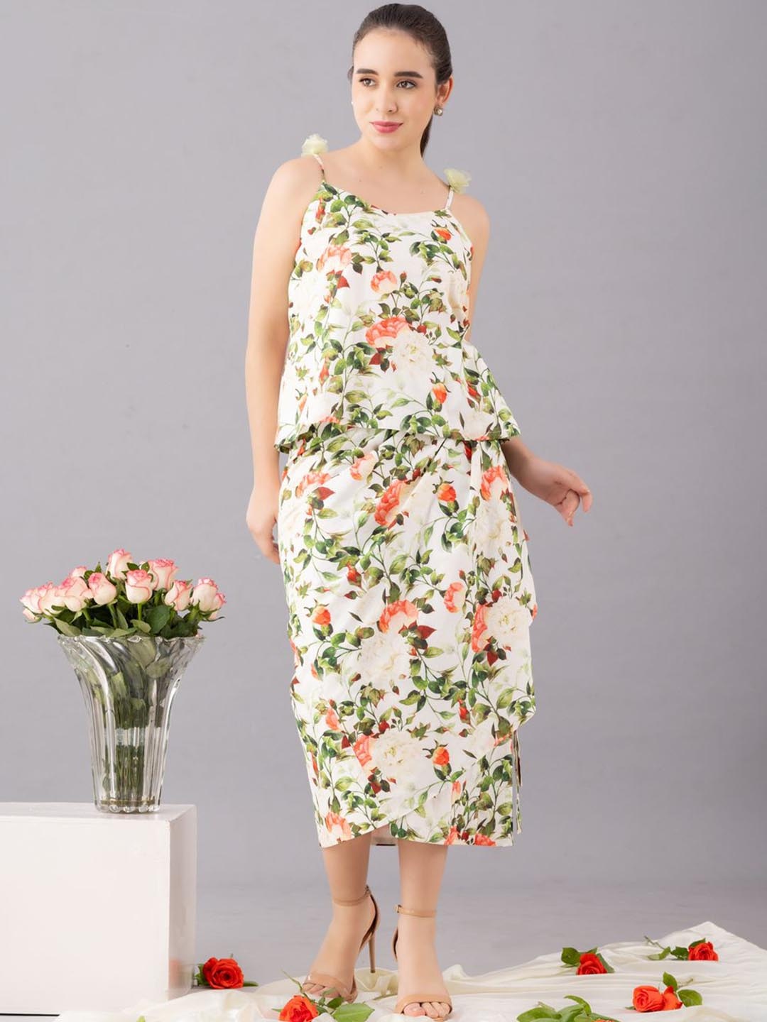 

KOVET Floral Printed Sleeveless Top With Wrap Skirt, White