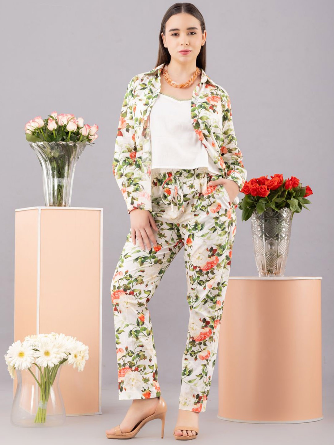 

KOVET Floral Printed Shirt With Attached Camisole & Trousers, White