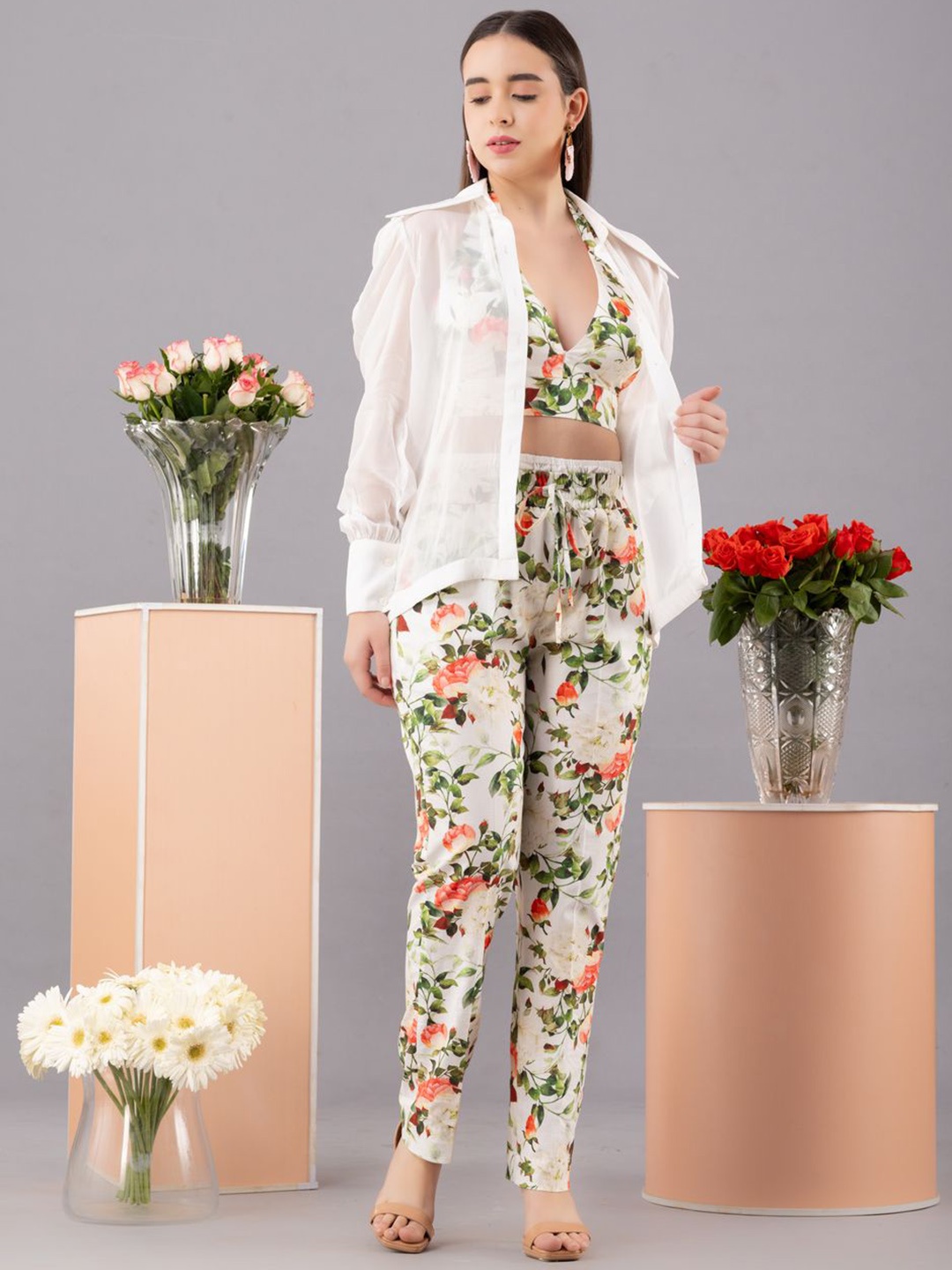 

KOVET Floral Printed Bralette Top With Trousers & Sheer Shirt, White