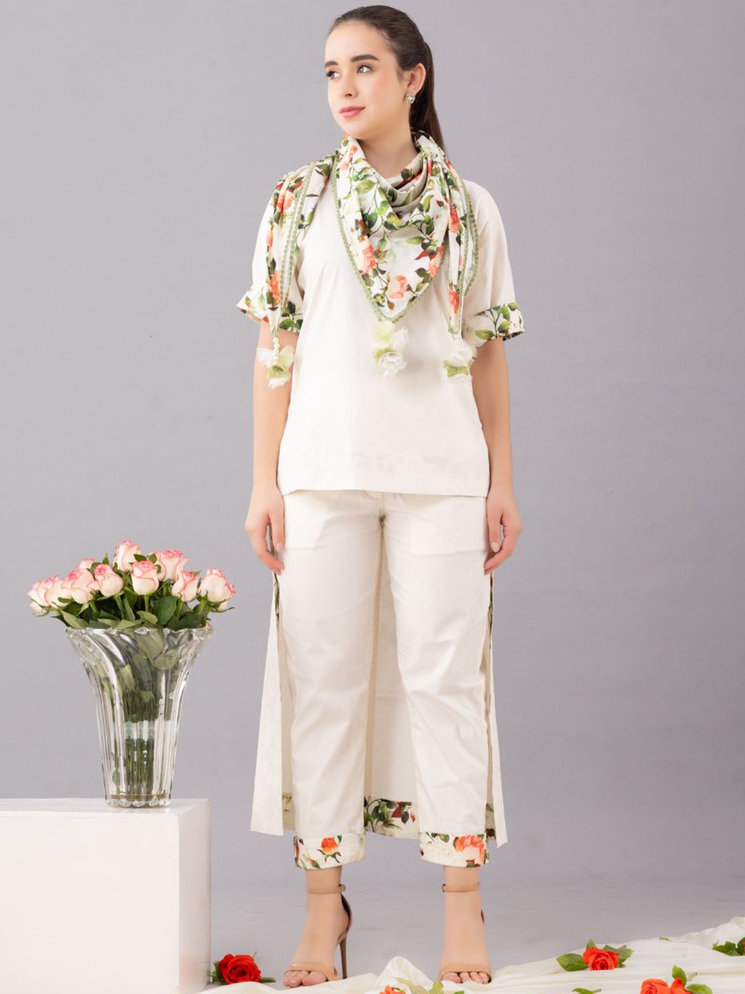 

KOVET Boat Neck Top With Trousers and Printed Scarf, White