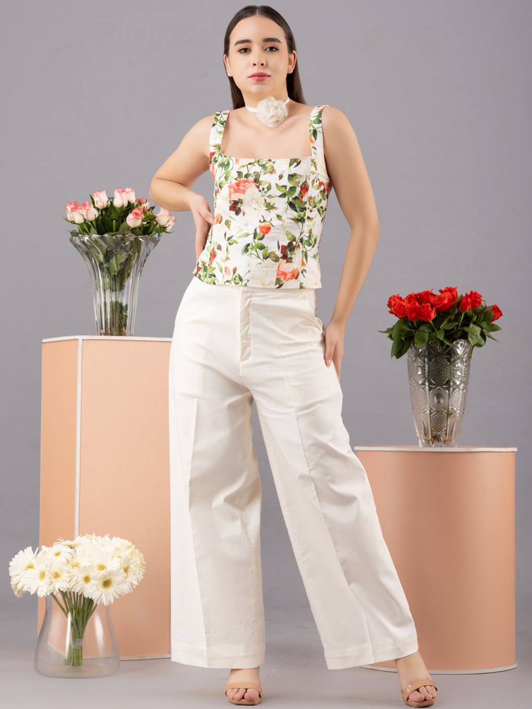 

KOVET Floral Printed Corset Top With Trousers, White