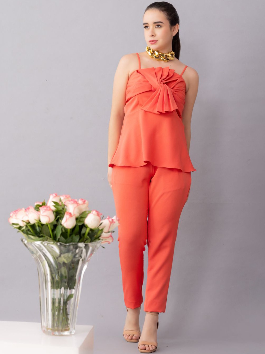

KOVET Shoulder Straps Peplum Top With Trousers, Peach