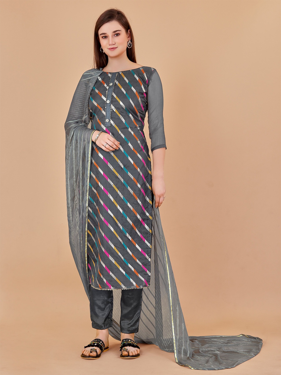 

KIMISHA Leheriya Woven Design Zari Organza Unstitched Dress Material, Grey