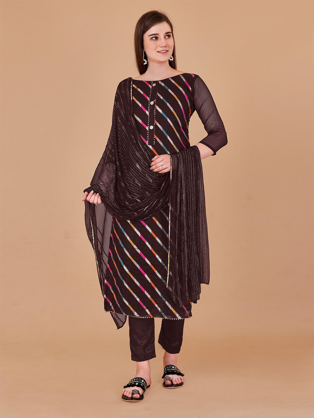 

KIMISHA Leheriya Woven Design Zari Organza Unstitched Dress Material, Brown