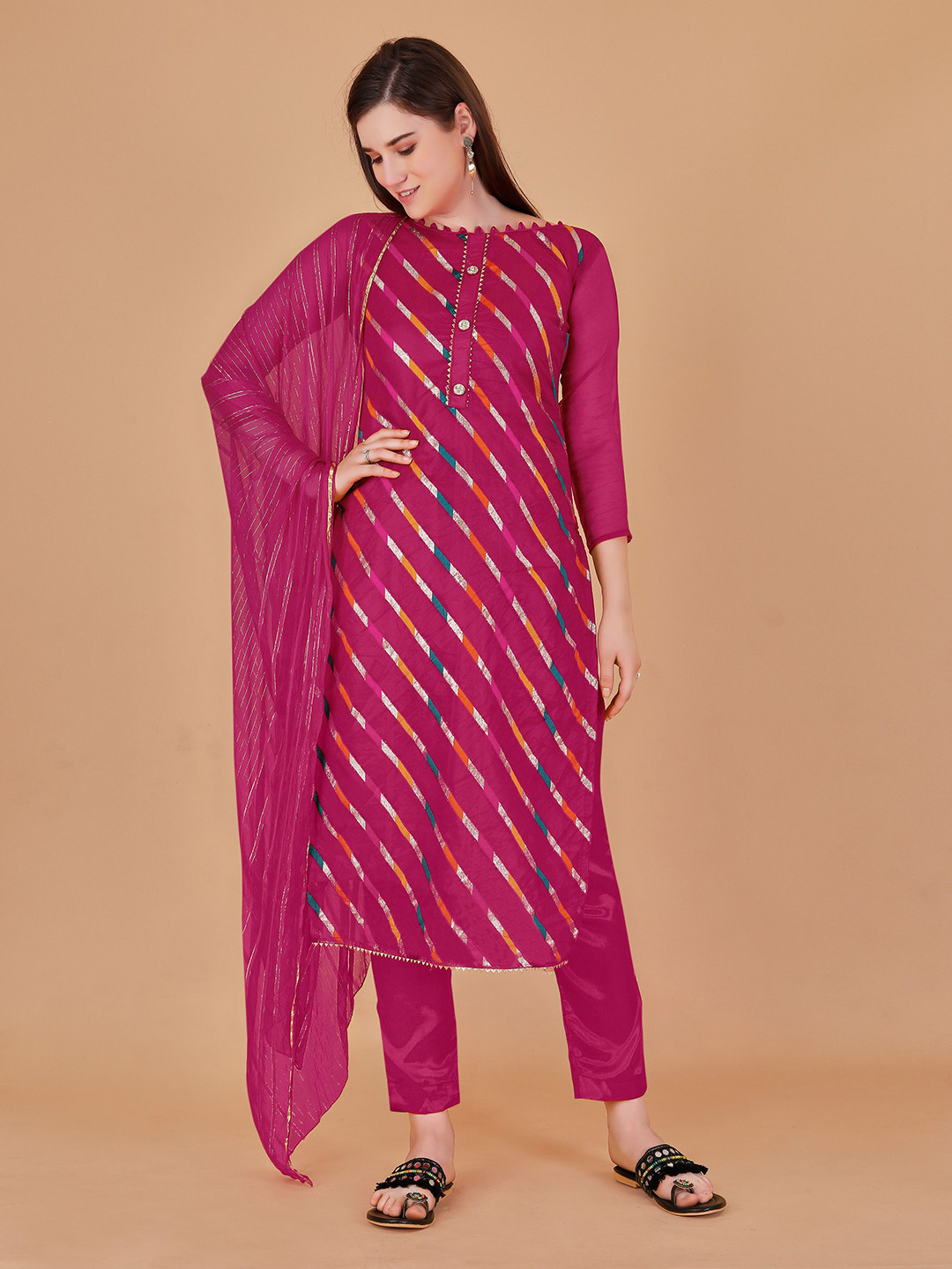

KIMISHA Leheriya Woven Design Zari Organza Unstitched Dress Material, Pink