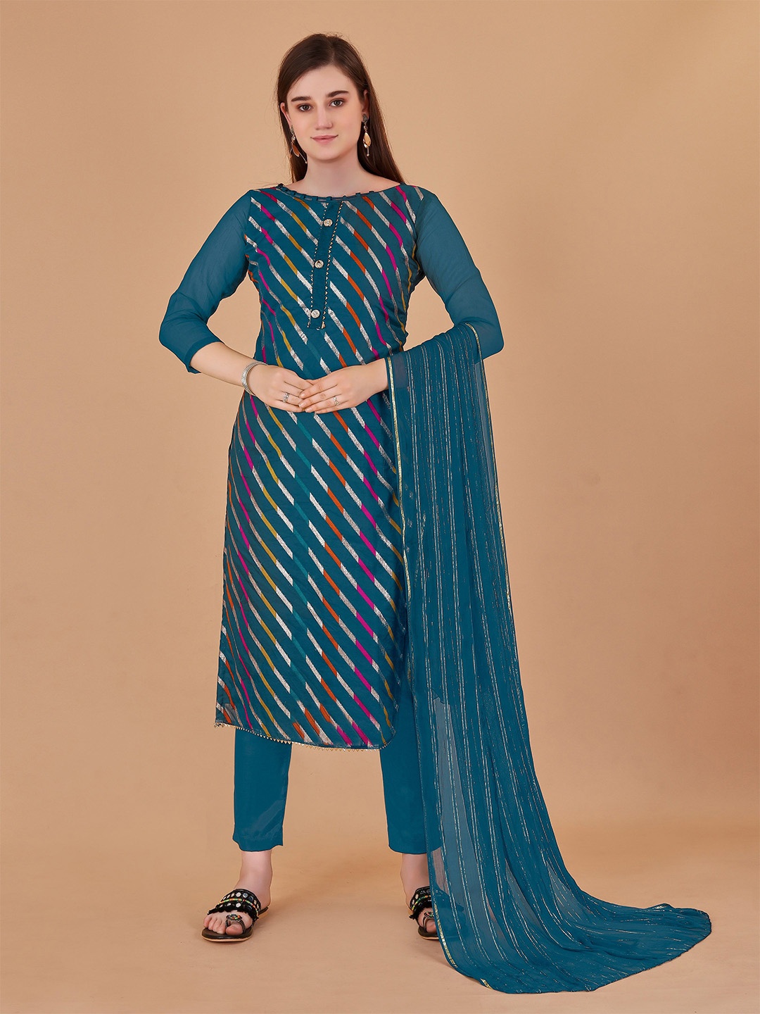 

KIMISHA Leheriya Woven Design Zari Organza Unstitched Dress Material, Teal