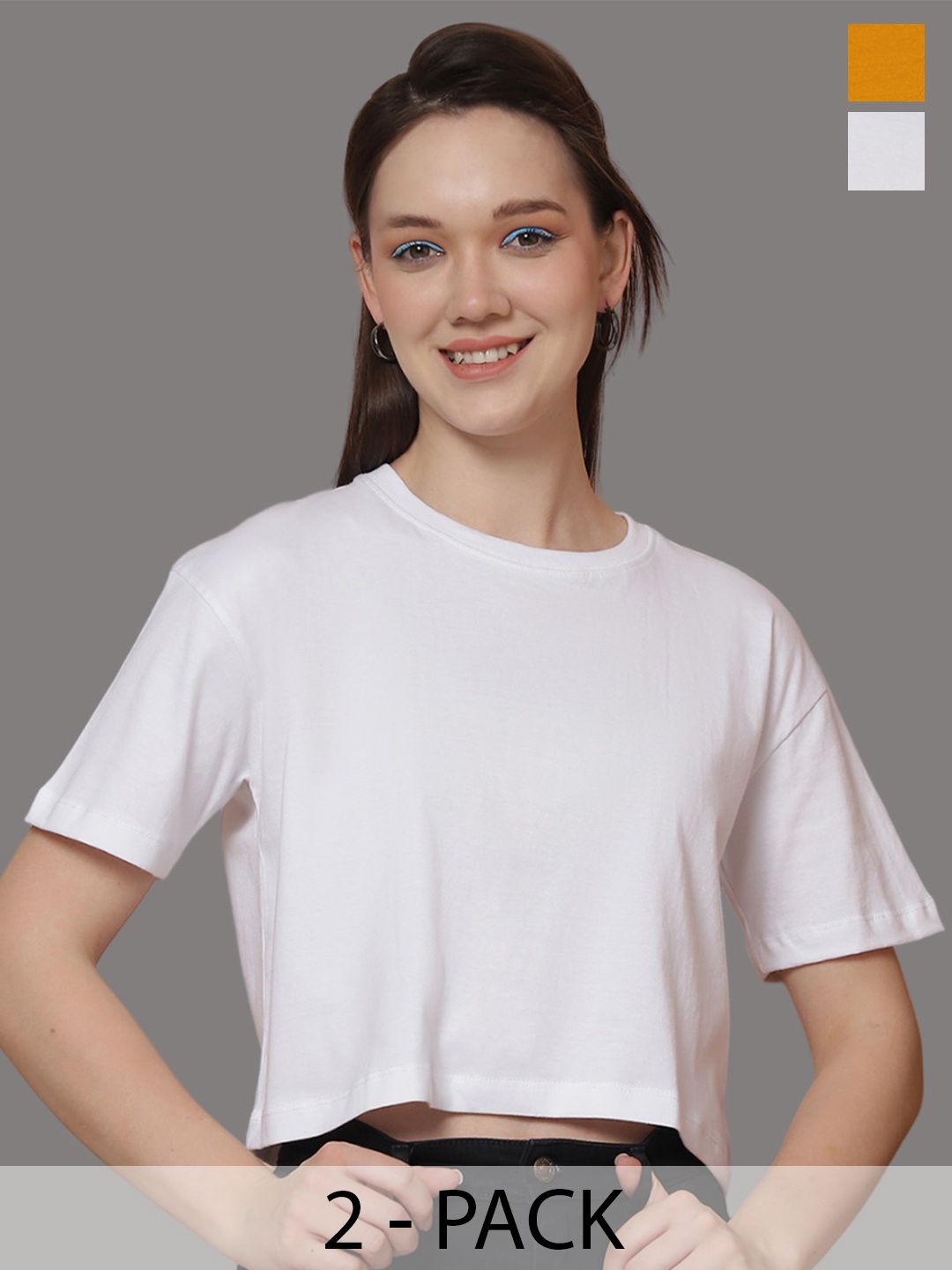 Friskers Women Pack Of 2 Solid Round Neck Oversized T-shirts, White
