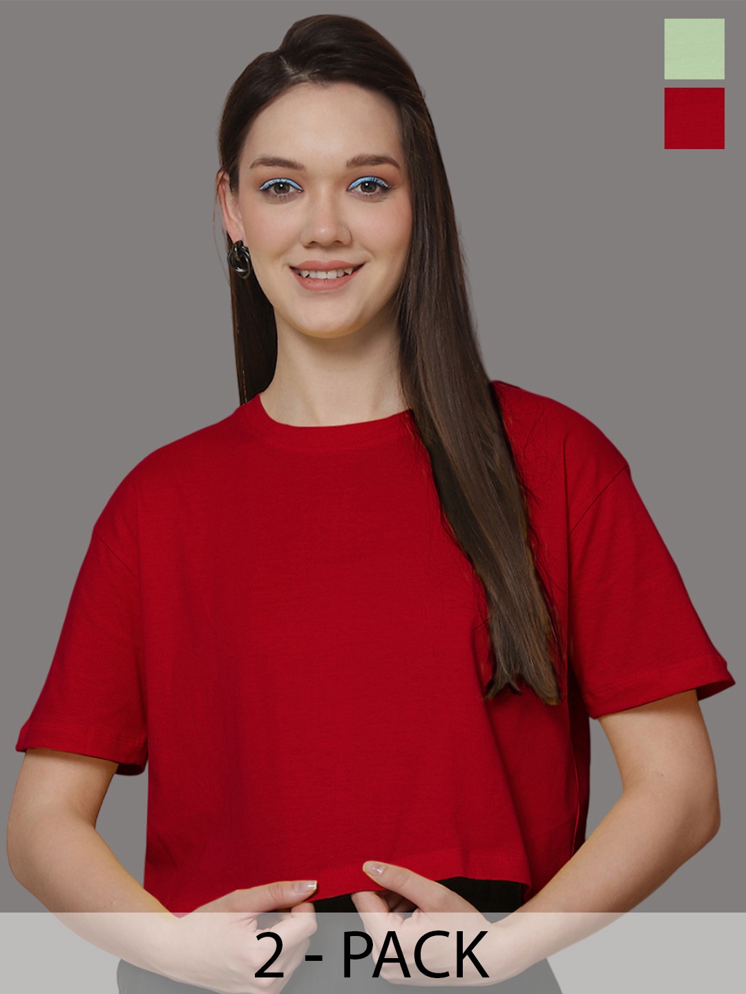 

Friskers Women Pack Of 2 Solid Round Neck Oversized T-shirts, Red