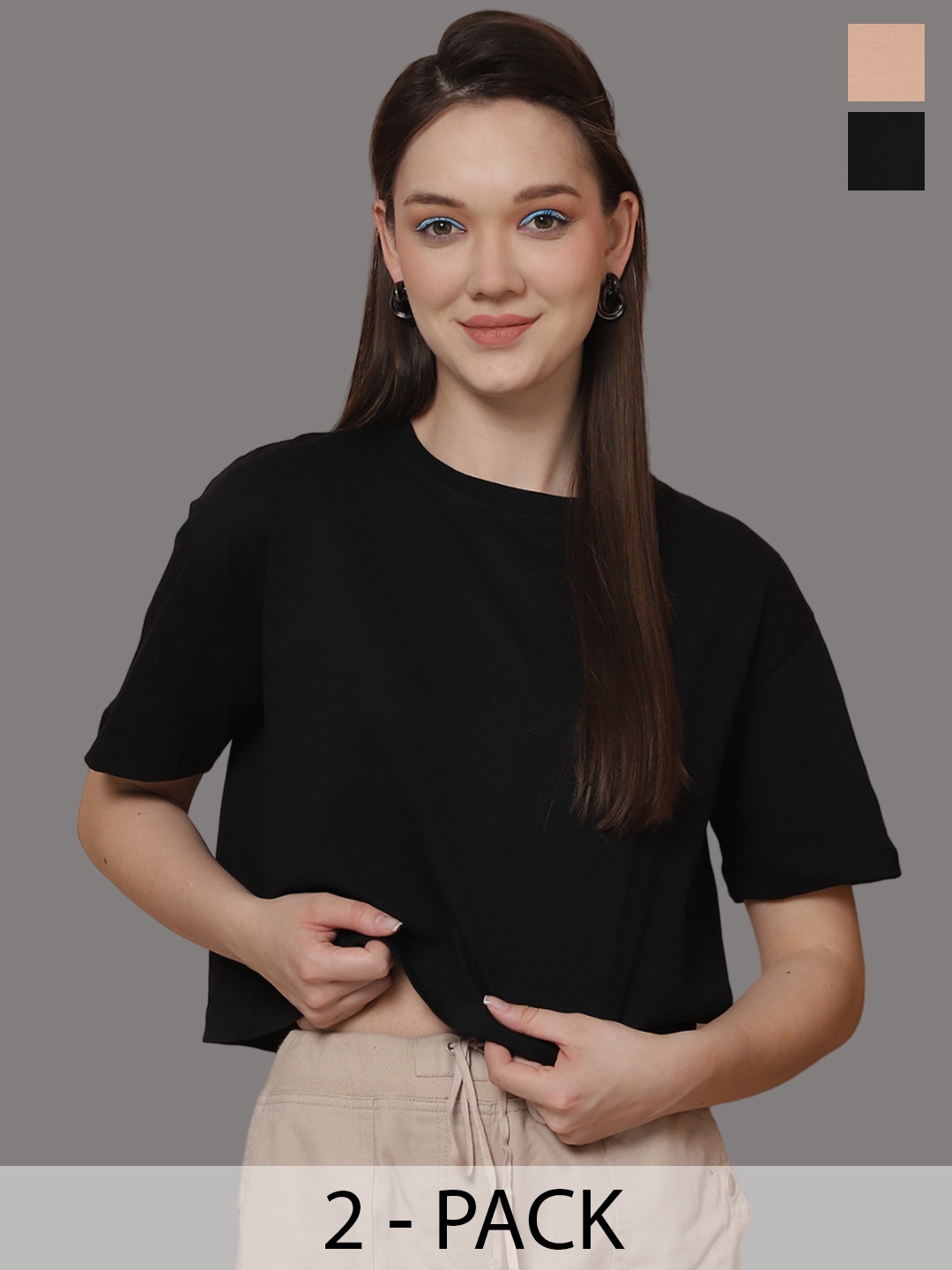 

Friskers Women Pack Of 2 Solid Round Neck Oversized T-shirts, Black