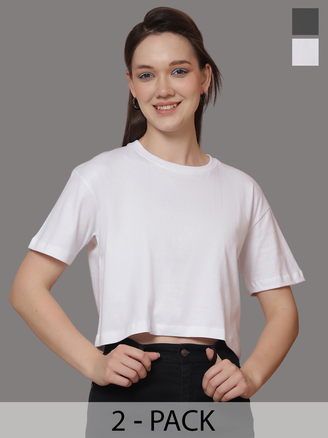 Friskers Women Pack Of 2 Solid Round Neck Oversized T-shirts, White