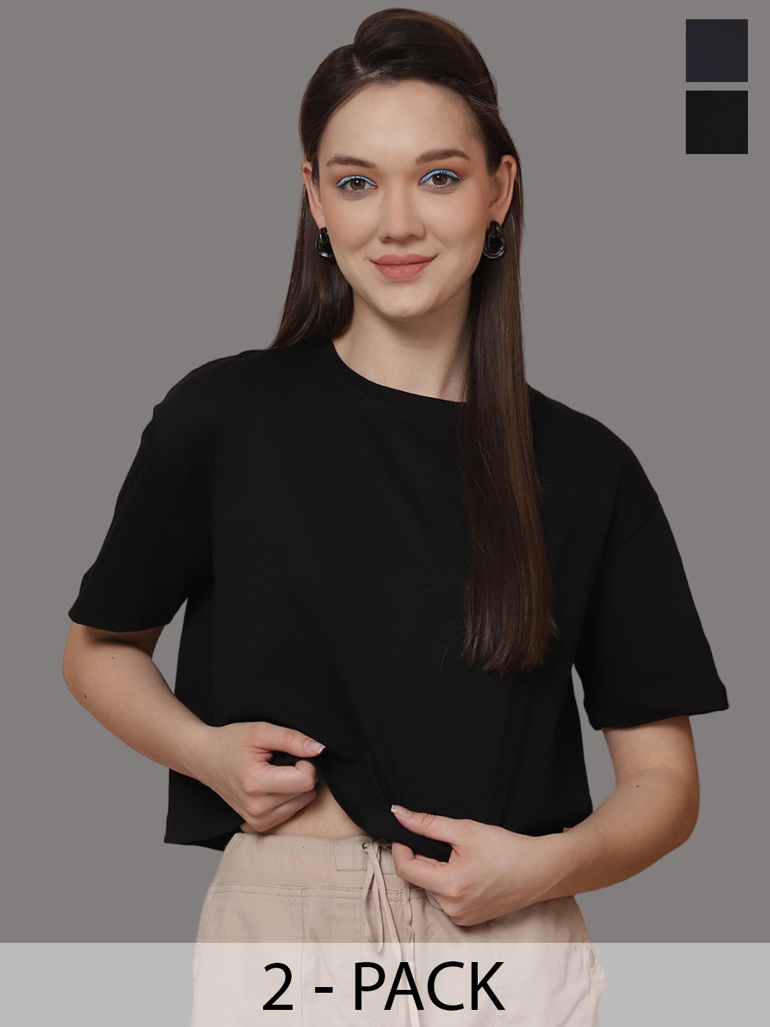 Friskers Women Pack Of 2 Solid Round Neck Oversized T-shirts, Black