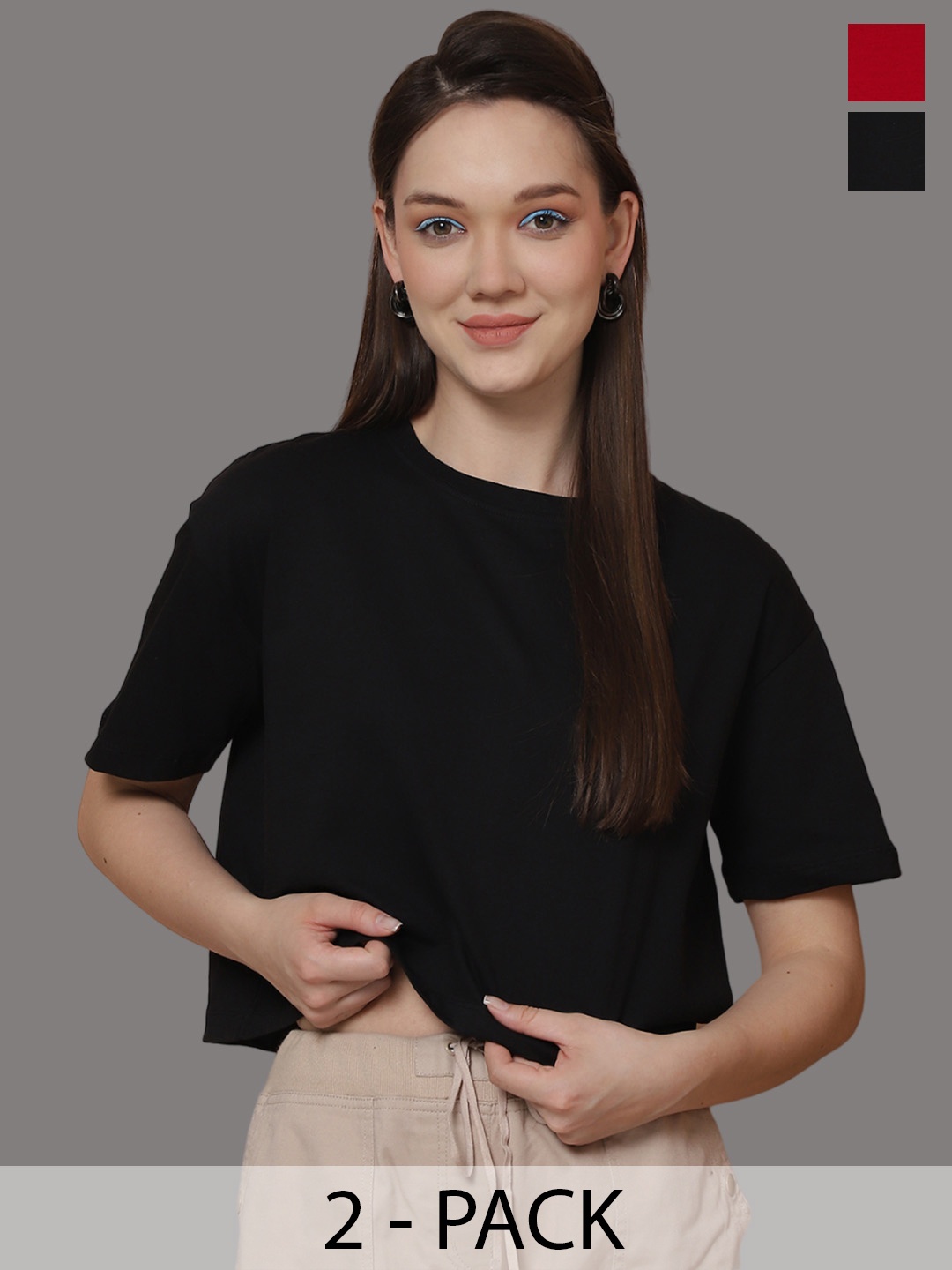 Friskers Women Pack Of 2 Solid Round Neck Oversized T-shirts, Black