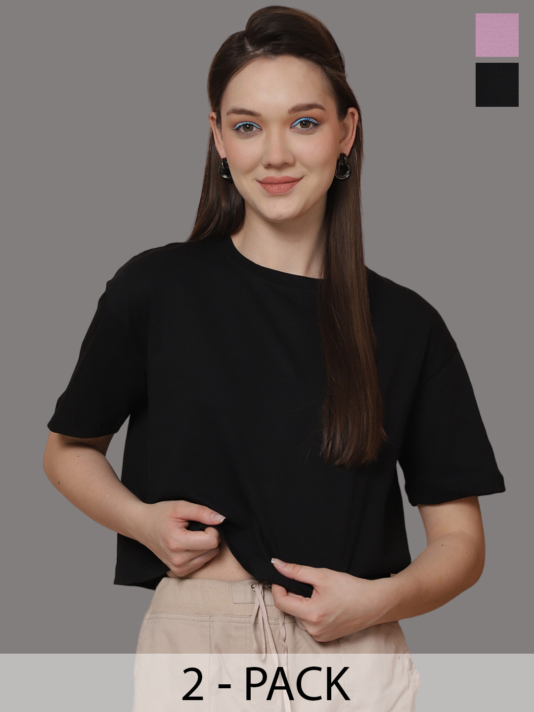 

Friskers Women Pack Of 2 Solid Round Neck Oversized T-shirts, Black