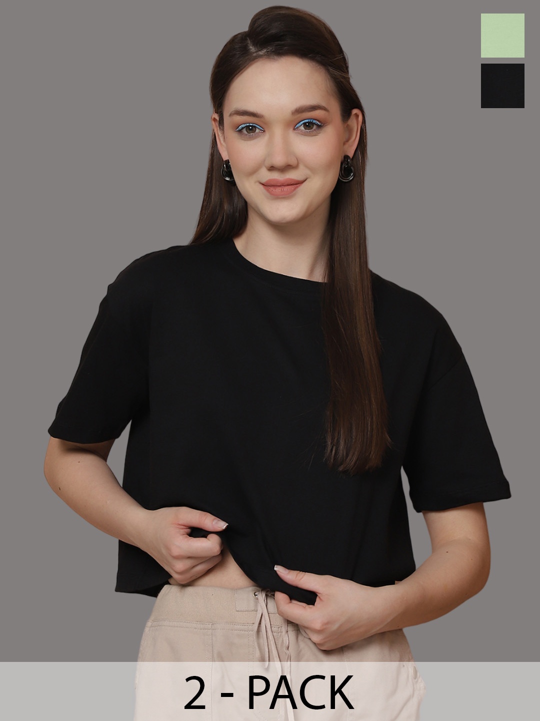 

Friskers Women Pack Of 2 Solid Round Neck Oversized T-shirts, Black