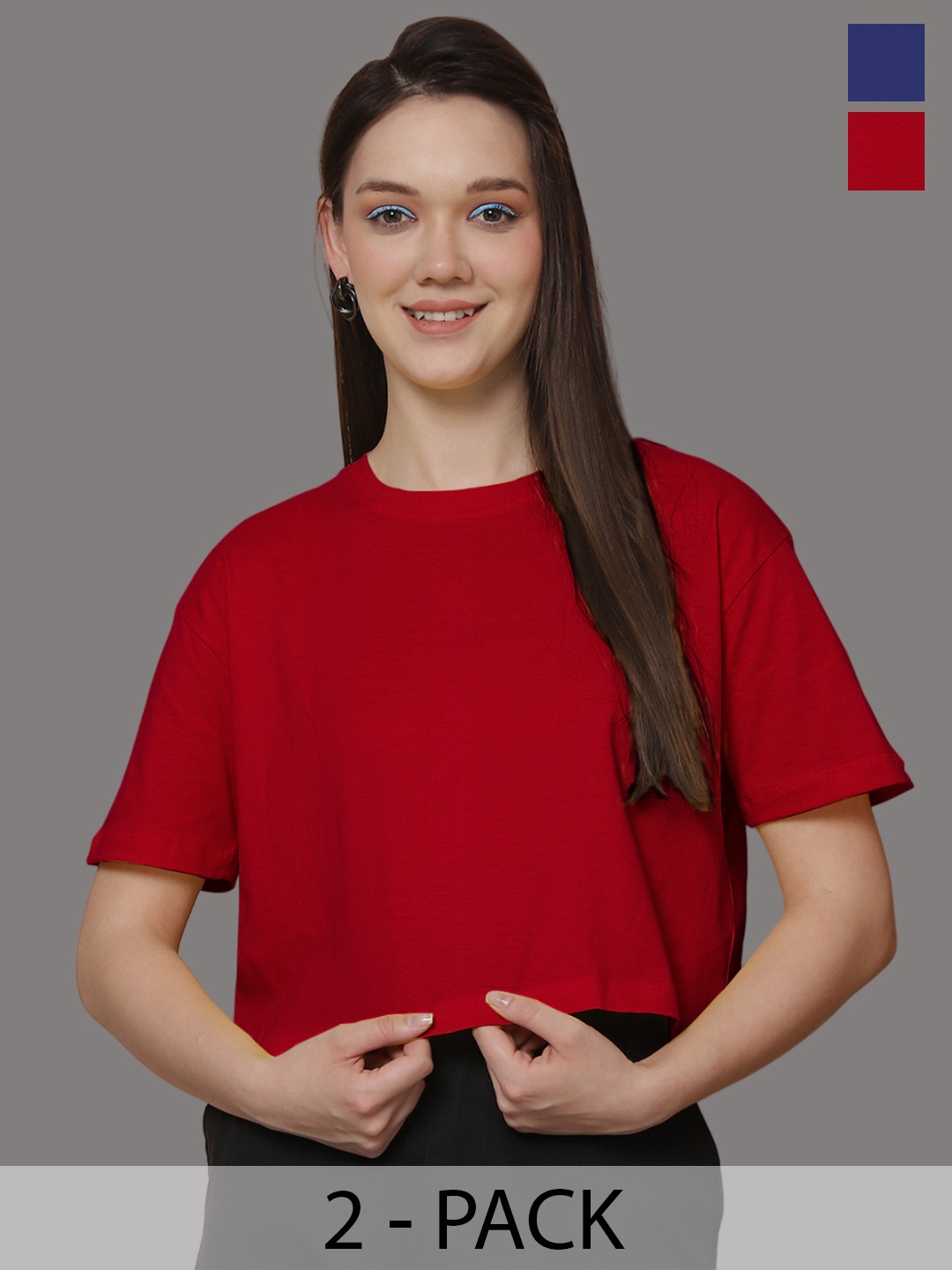 

Friskers Women Pack Of 2 Solid Round Neck Oversized T-shirts, Red