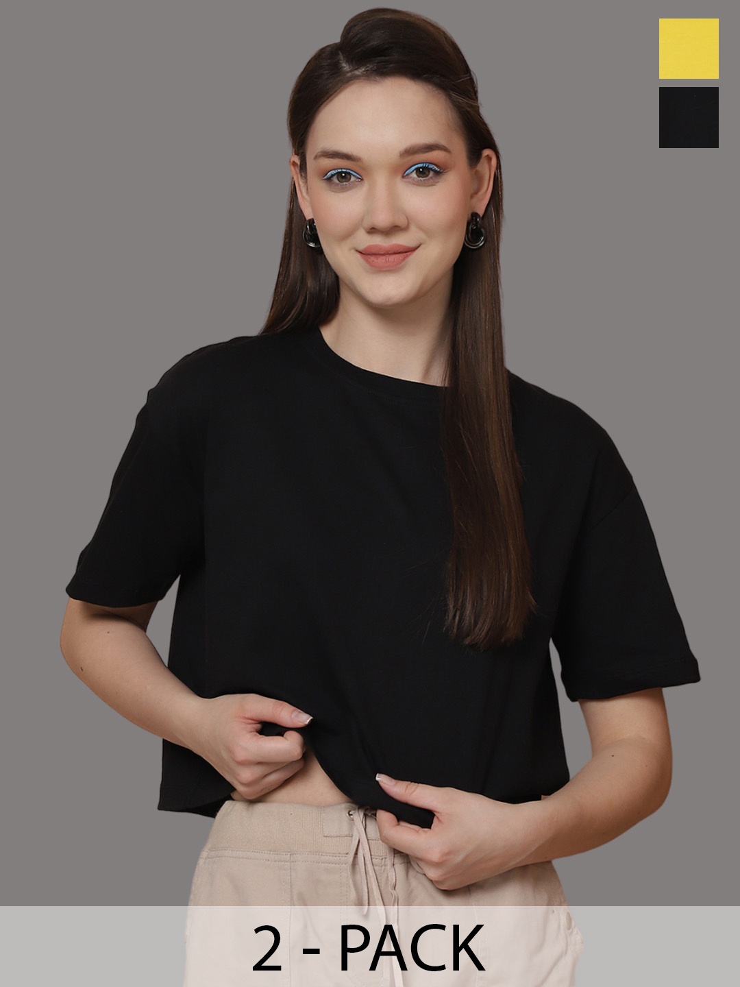 Friskers Women Pack Of 2 Solid Round Neck Oversized T-shirts, Black