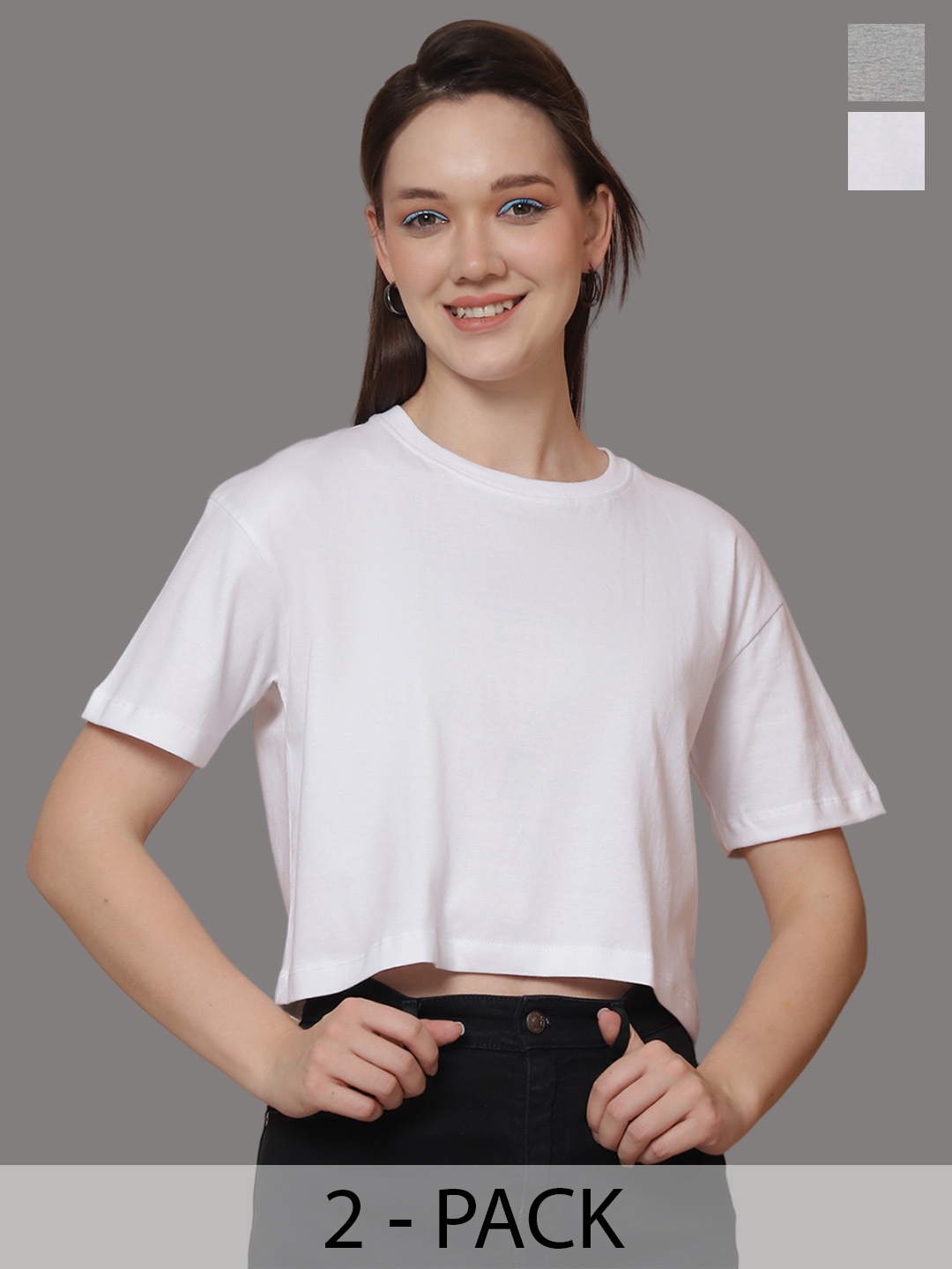 Friskers Women Pack Of 2 Solid Round Neck Oversized T-shirts, White