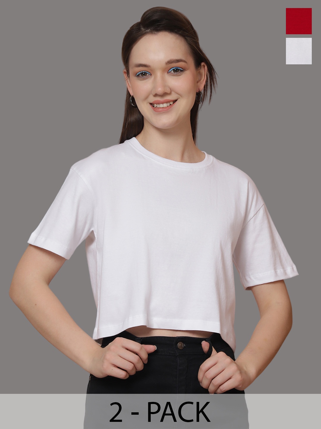 Friskers Women Pack Of 2 Solid Round Neck Oversized T-shirts, White