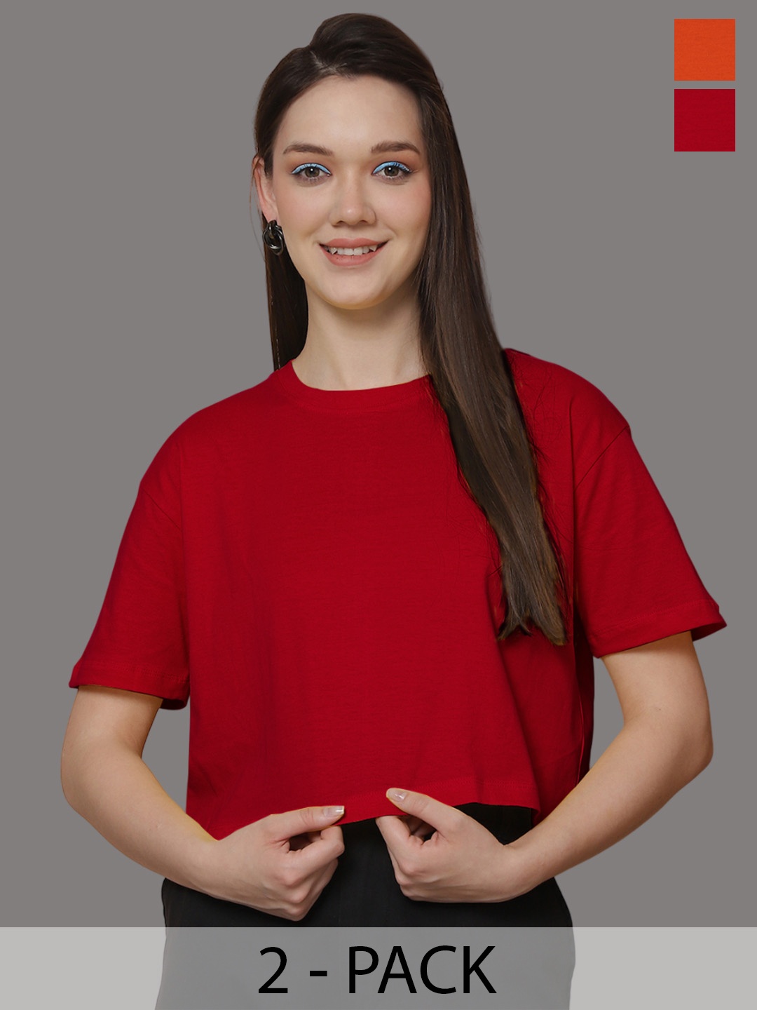 Friskers Women Pack Of 2 Solid Round Neck Oversized T-shirts, Red