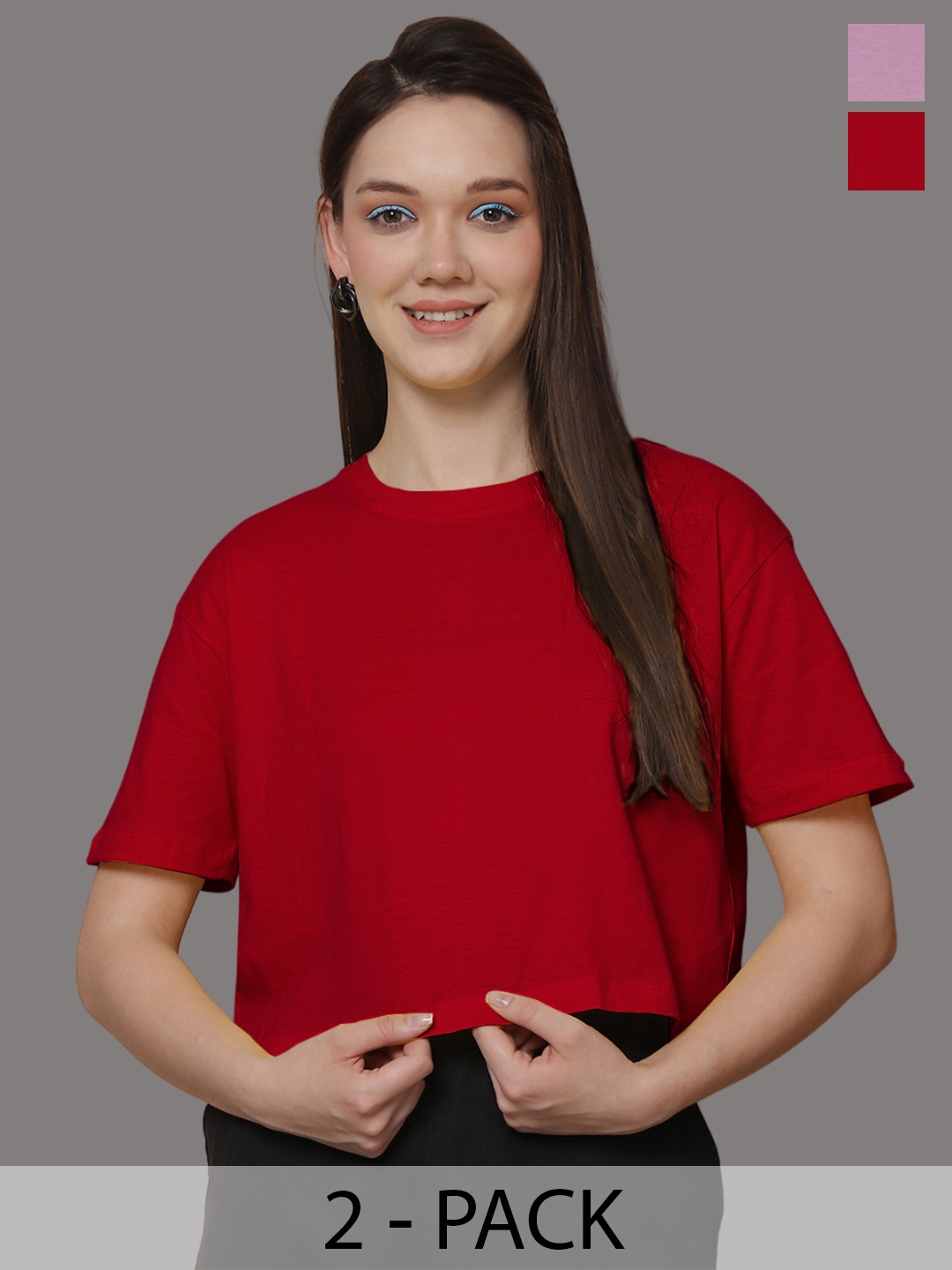 Friskers Women Pack Of 2 Solid Round Neck Oversized T-shirts, Red