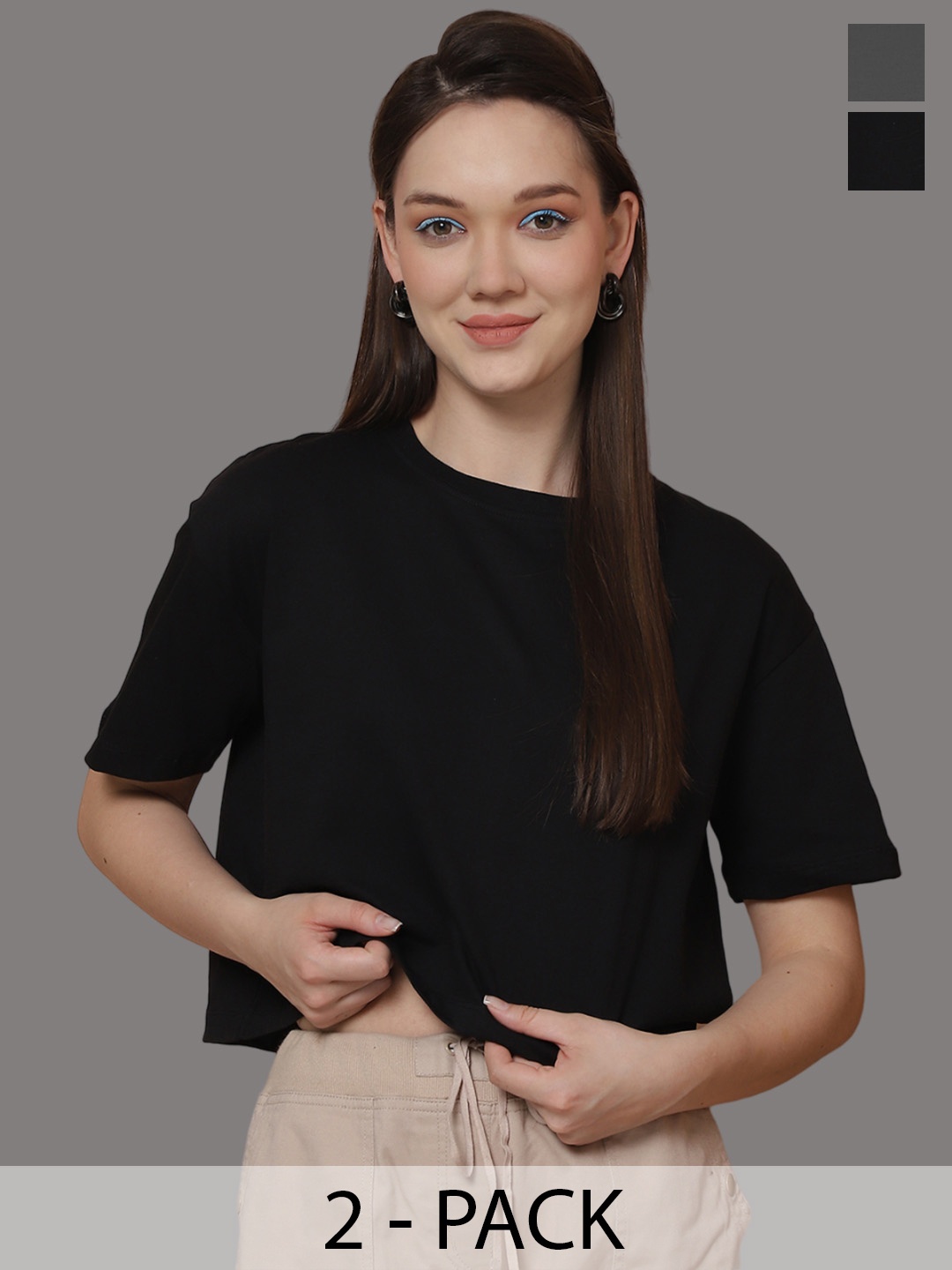 

Friskers Women Pack Of 2 Solid Round Neck Oversized T-shirts, Black