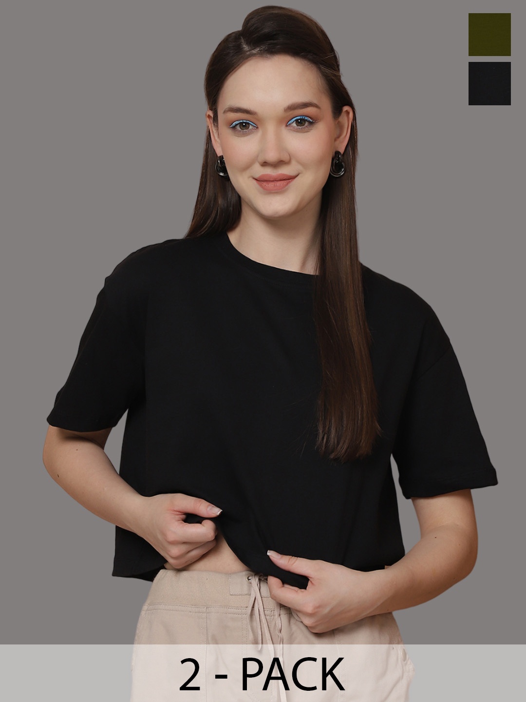 Friskers Women Pack Of 2 Solid Round Neck Oversized T-shirts, Black