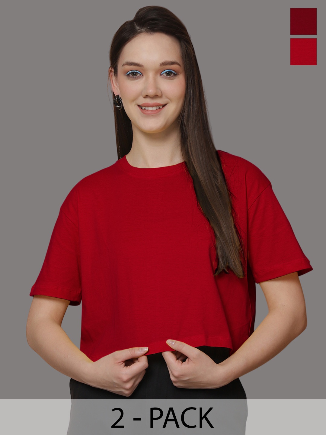Friskers Women Pack Of 2 Solid Round Neck Oversized T-shirts, Red