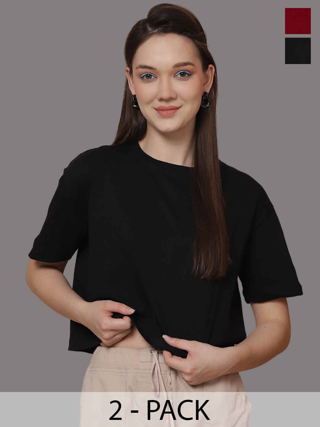 Friskers Women Pack Of 2 Solid Round Neck Oversized T-shirts, Black