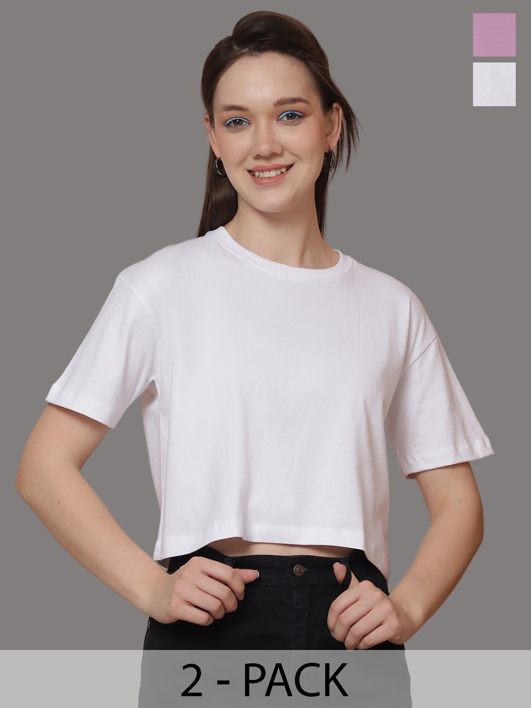 

Friskers Women Pack Of 2 Solid Round Neck Oversized T-shirts, White