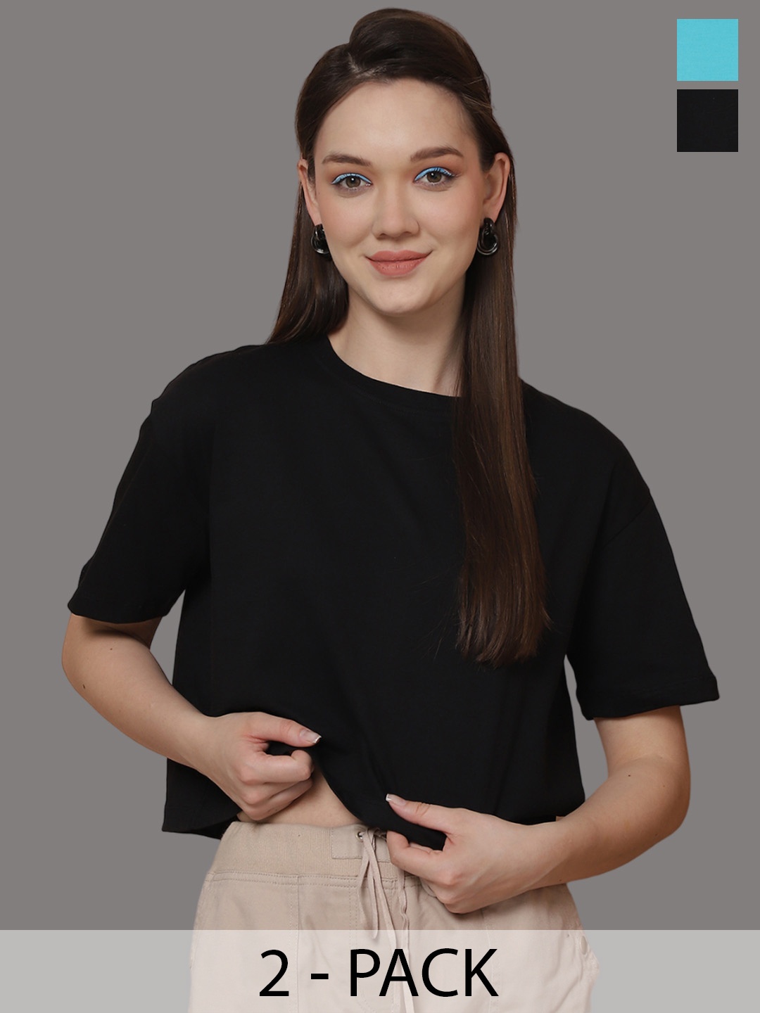 

Friskers Women Pack Of 2 Solid Round Neck Oversized T-shirts, Black