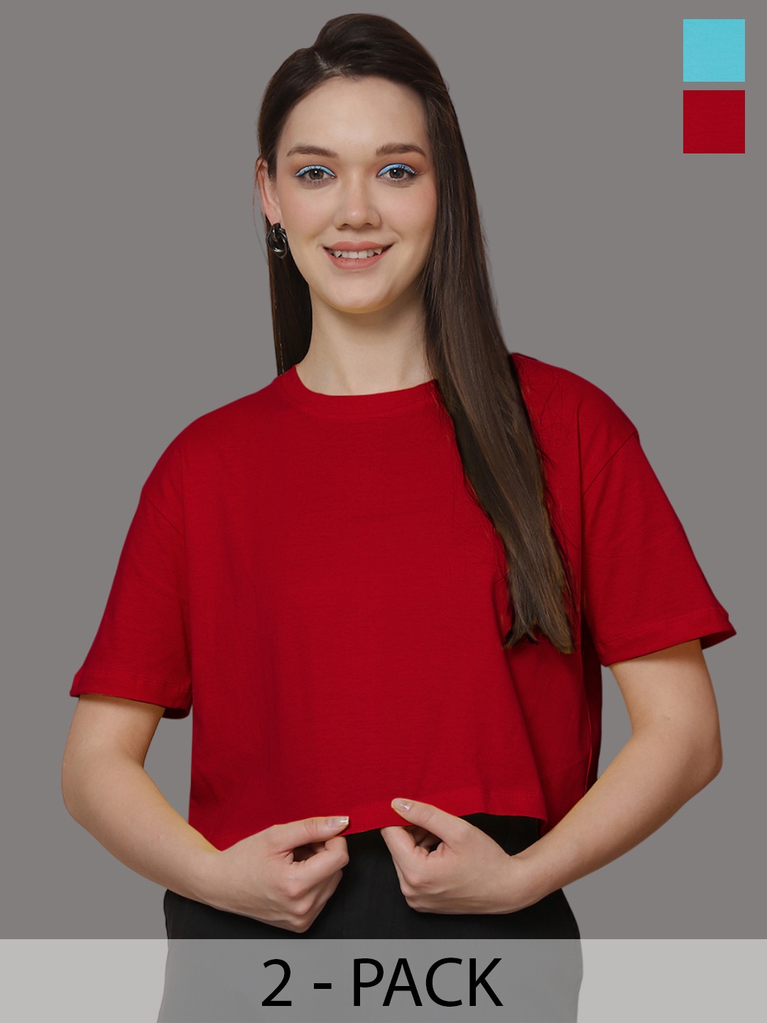 

Friskers Women Pack Of 2 Solid Round Neck Oversized T-shirts, Red