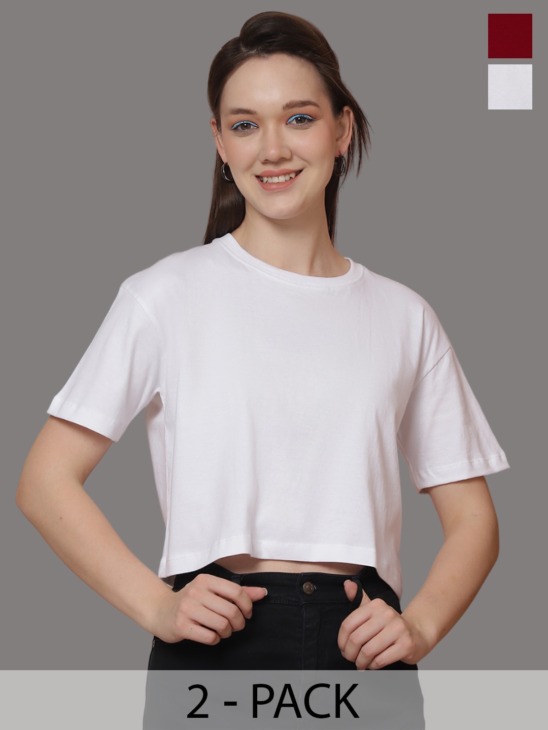 

Friskers Women Pack Of 2 Solid Round Neck Oversized T-shirts, White