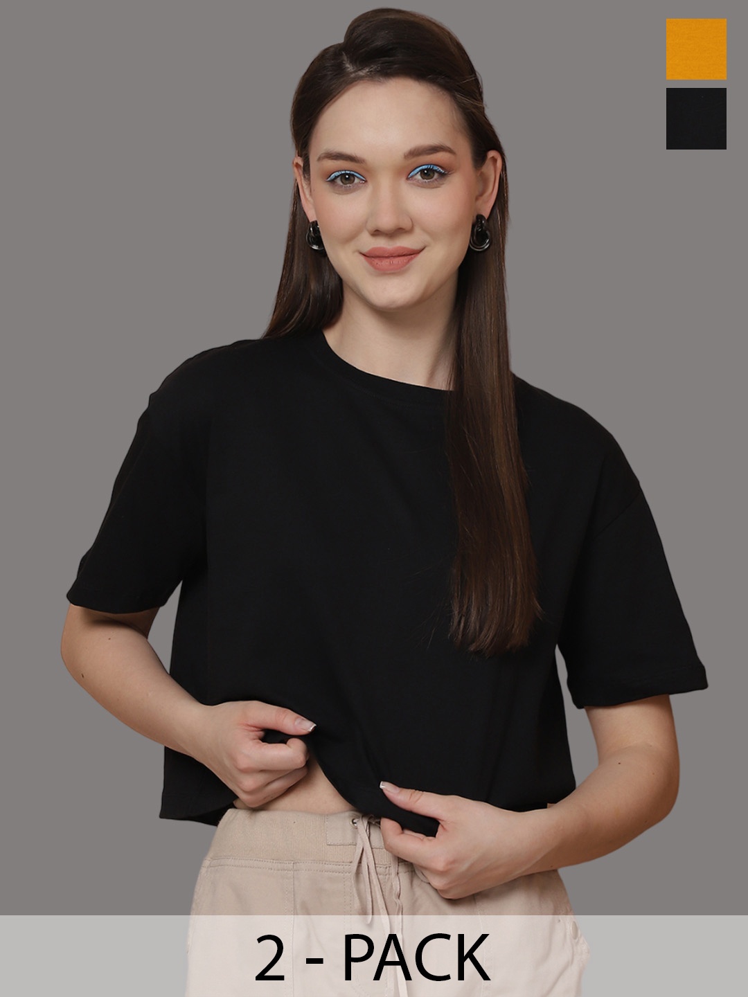 

Friskers Women Pack Of 2 Solid Round Neck Oversized T-shirts, Black