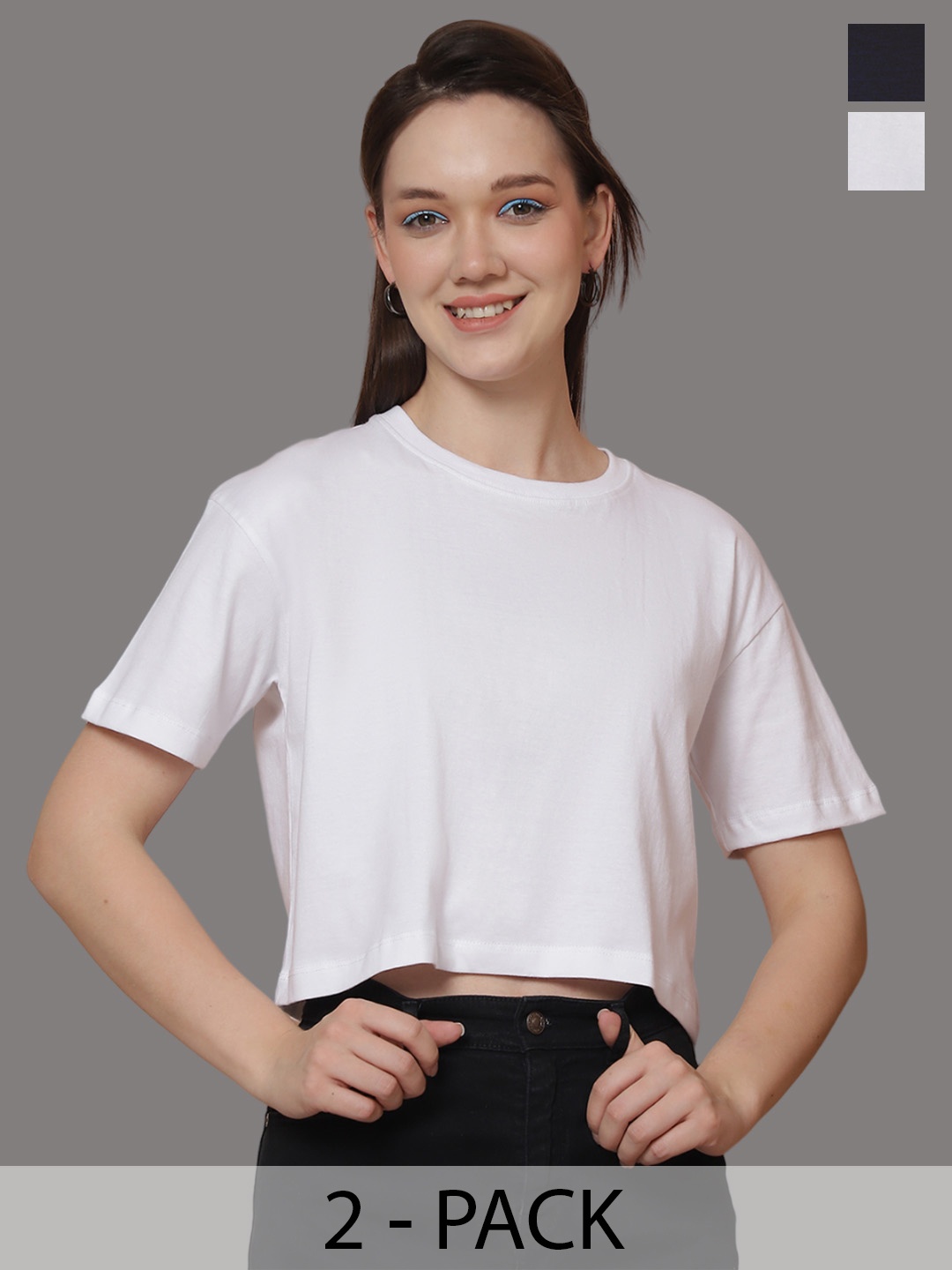 

Friskers Women Pack Of 2 Solid Round Neck Oversized T-shirts, White