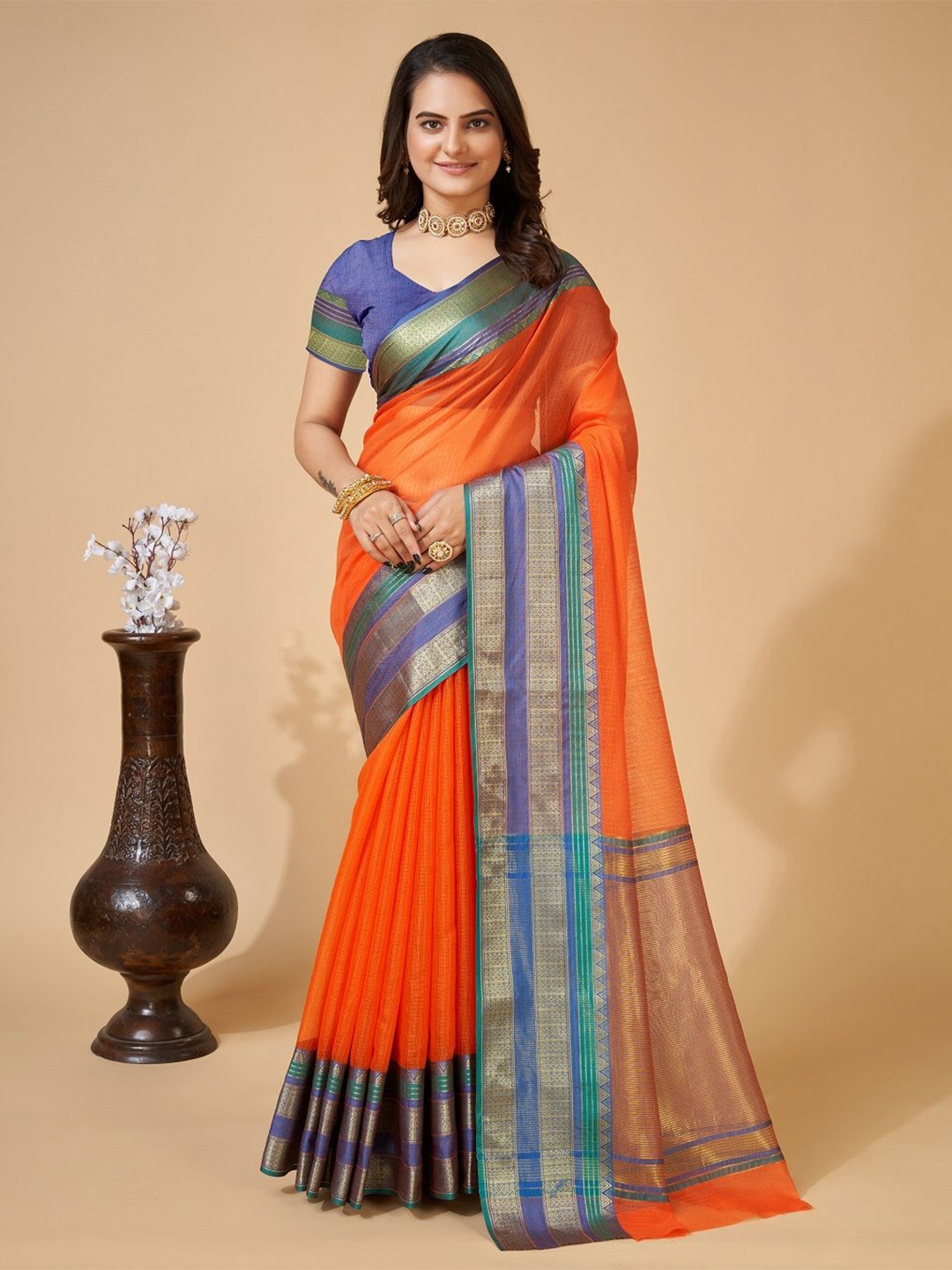 

ORUS Zari Woven Kota Saree, Orange