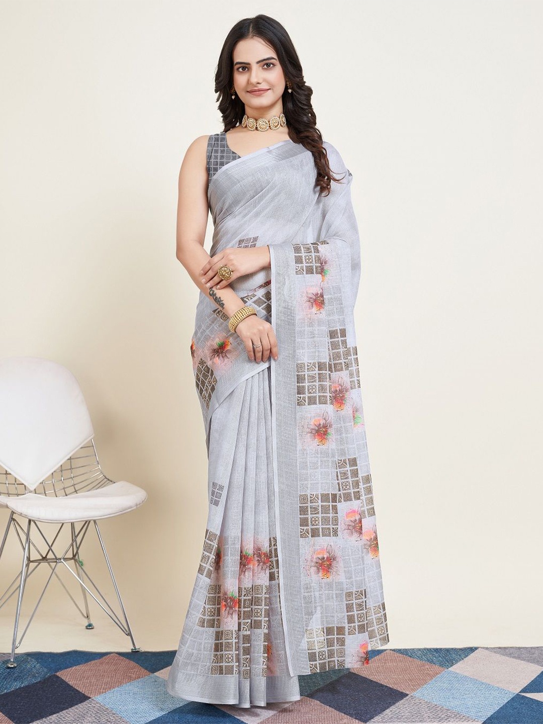 

ORUS Zari Woven Border Floral Kota Saree, Grey