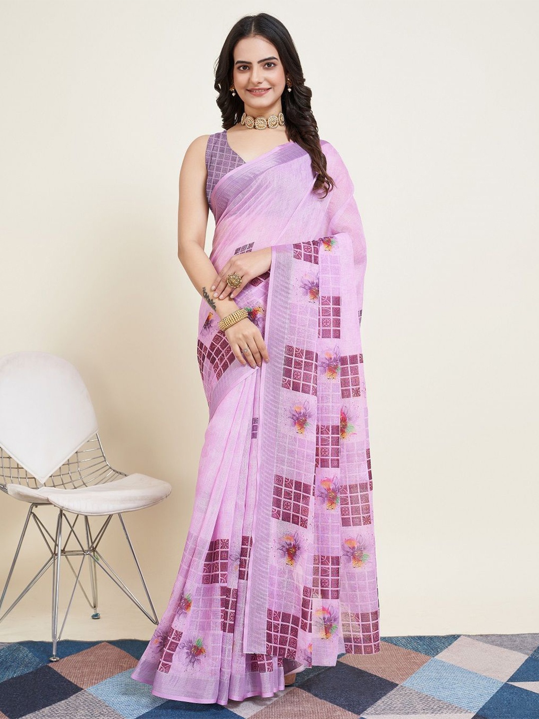 

ORUS Zari Woven Border Floral Kota Saree, Lavender