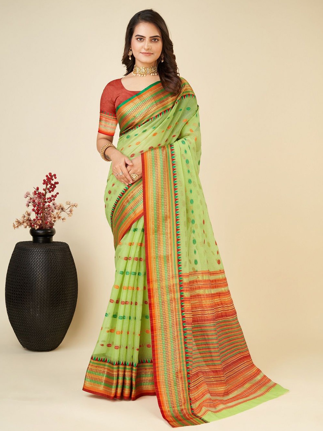 

ORUS Ethnic Motif Woven Design Kota Saree, Green