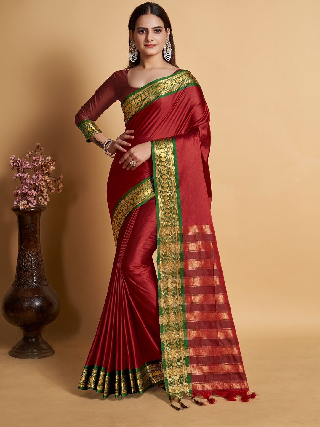 

ORUS Zari Woven Kanjeevaram Saree, Maroon