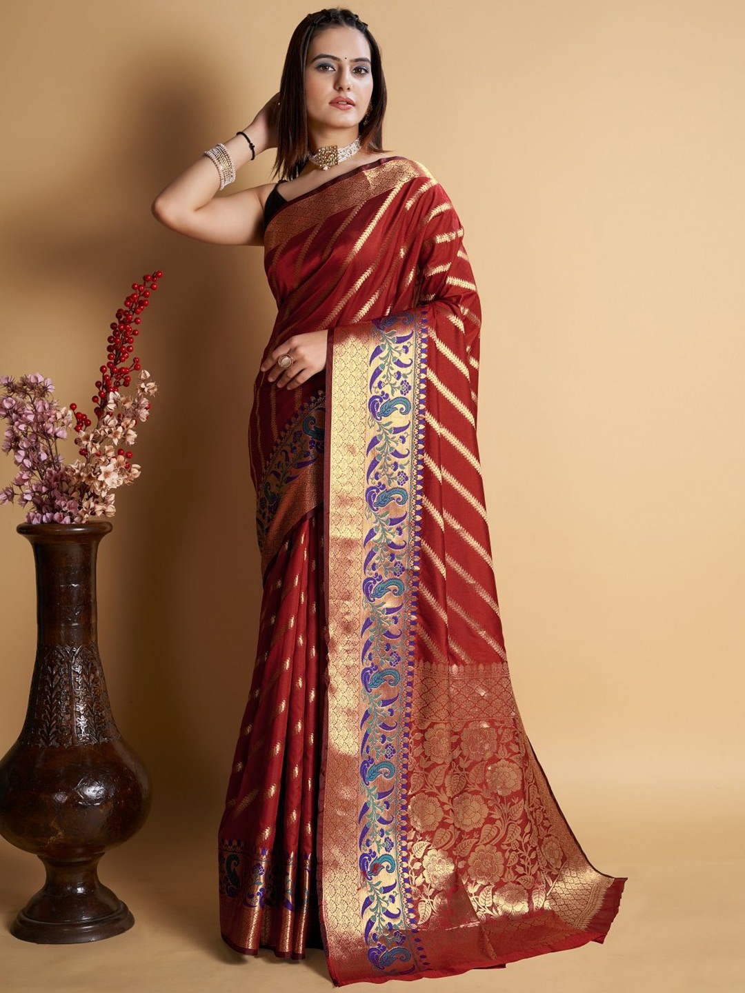 

ORUS Ethnic Motif Zari Woven Striped Banarasi Saree, Maroon