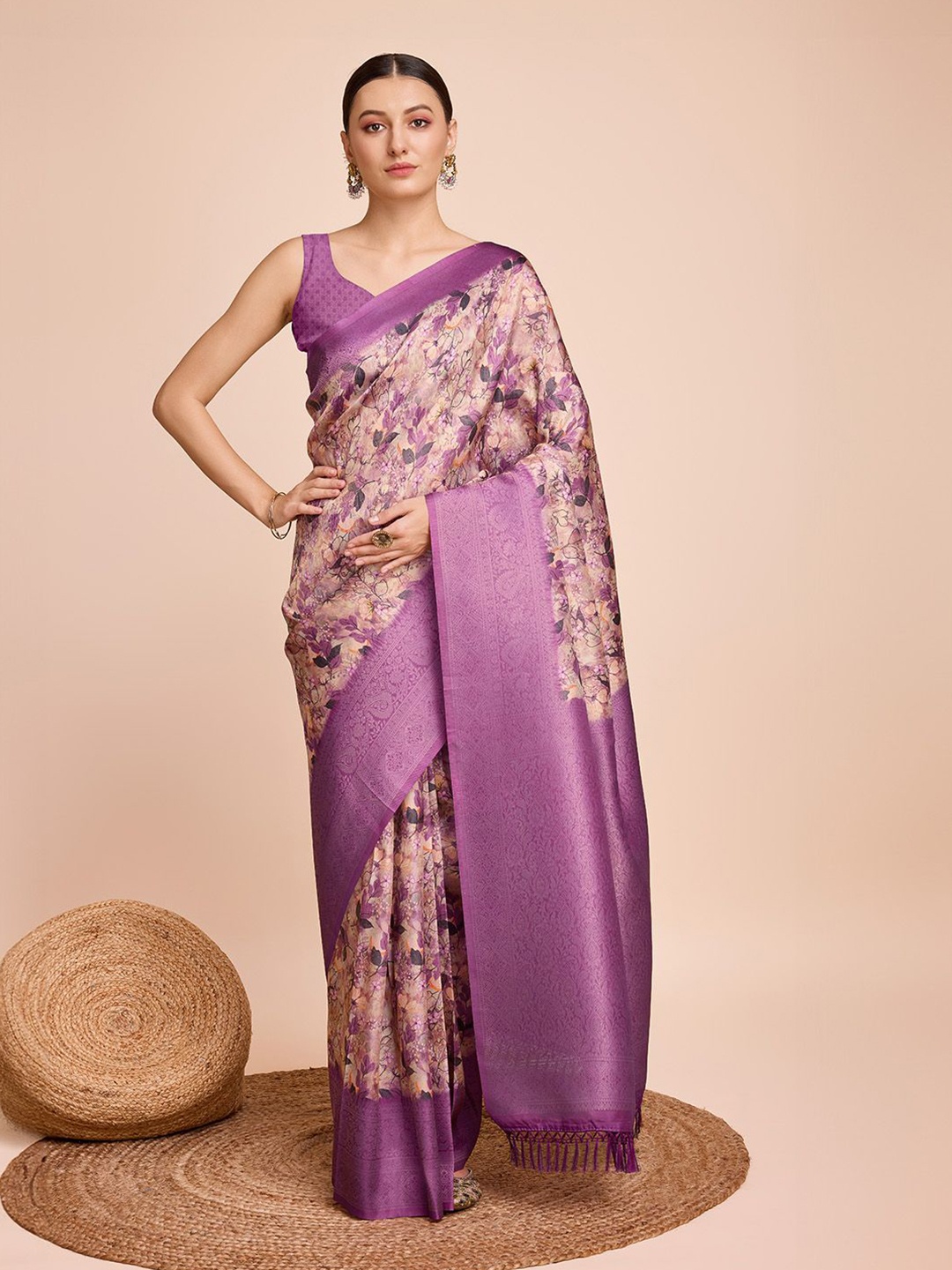

ORUS Floral Zari Pure Silk Saree, Purple