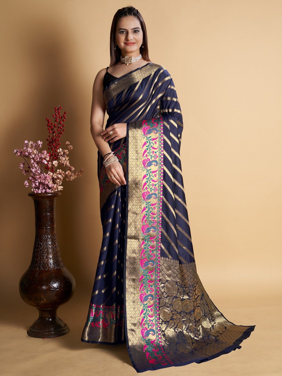 

ORUS Ethnic Motif Zari woven Striped Banarasi Saree, Navy blue