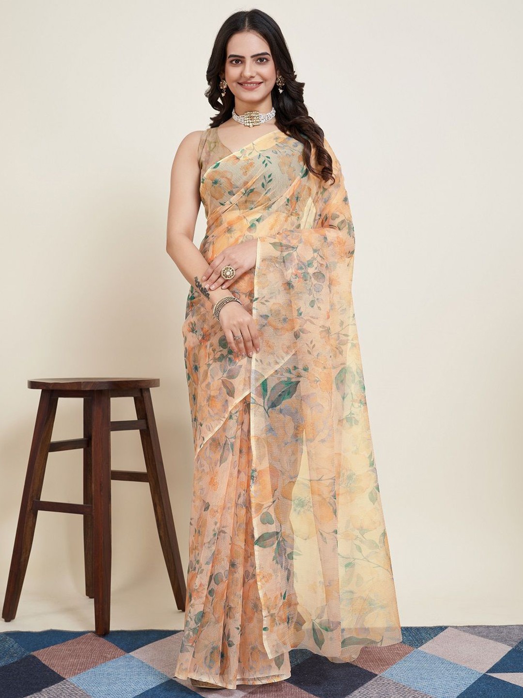 

ORUS Floral Supernet Saree, Beige