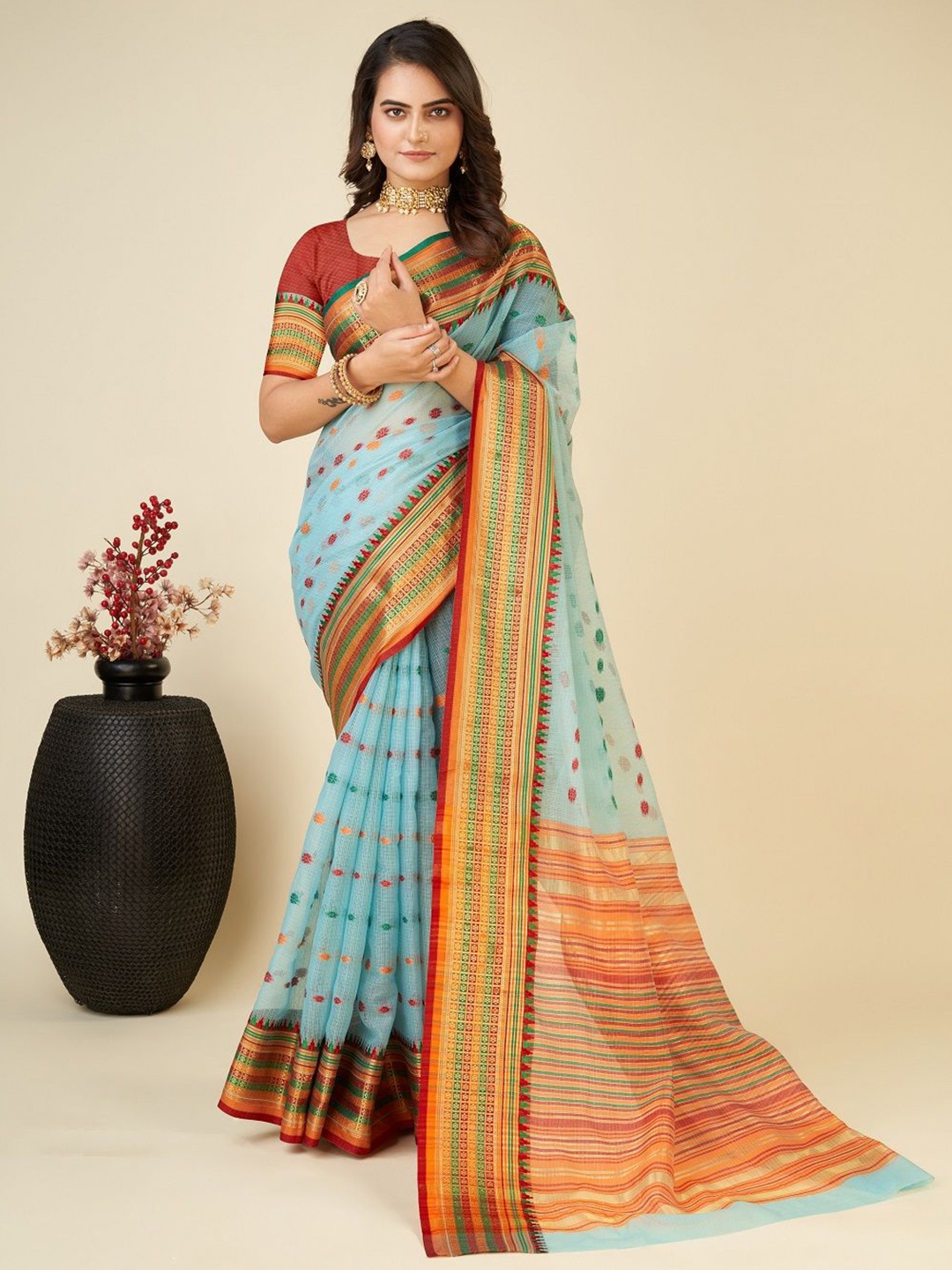 

ORUS Ethnic Motif Zari Woven Kota Saree, Blue