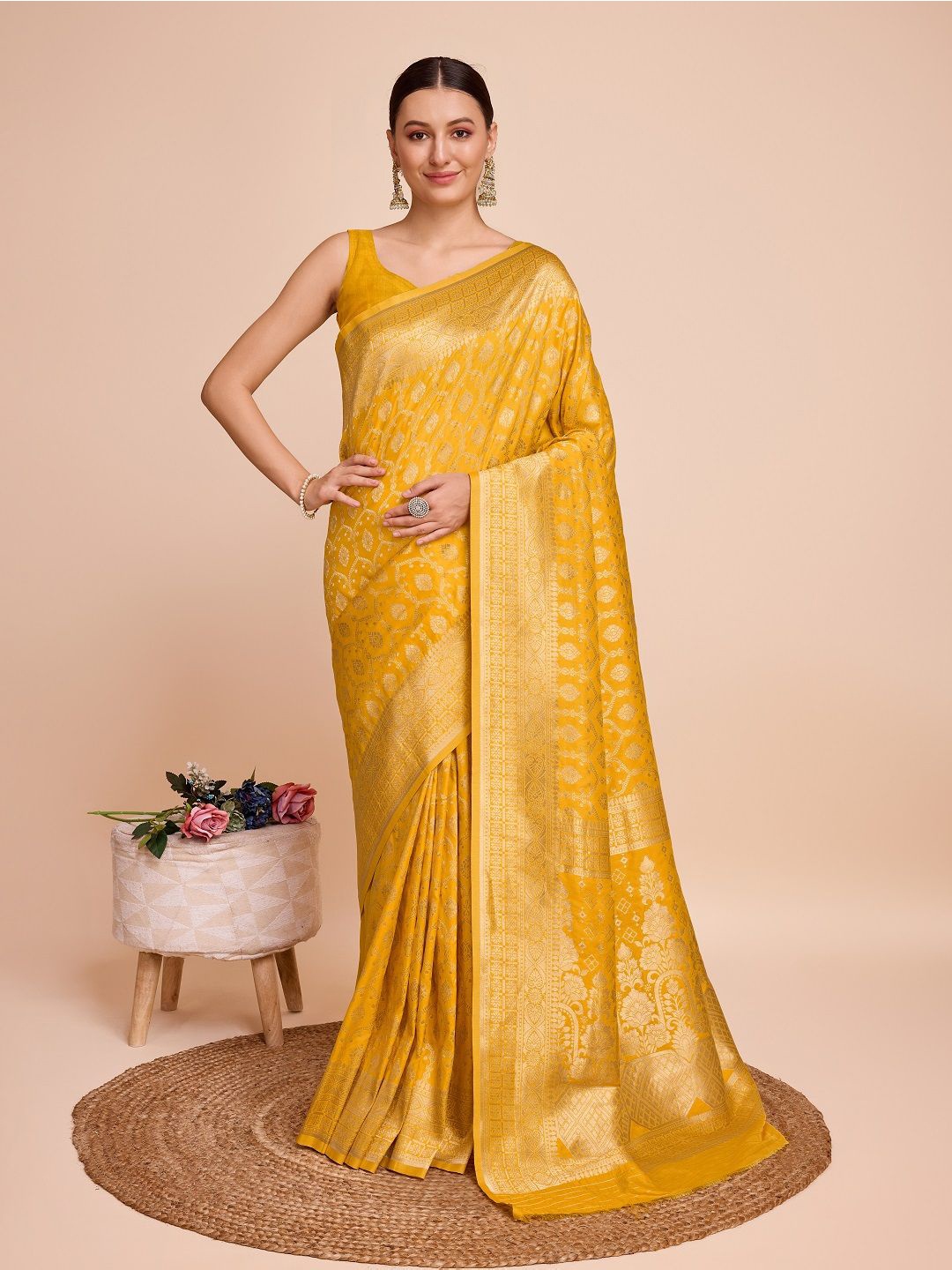 

ORUS Ethnic Motifs Zari Pure Silk Banarasi Saree, Yellow