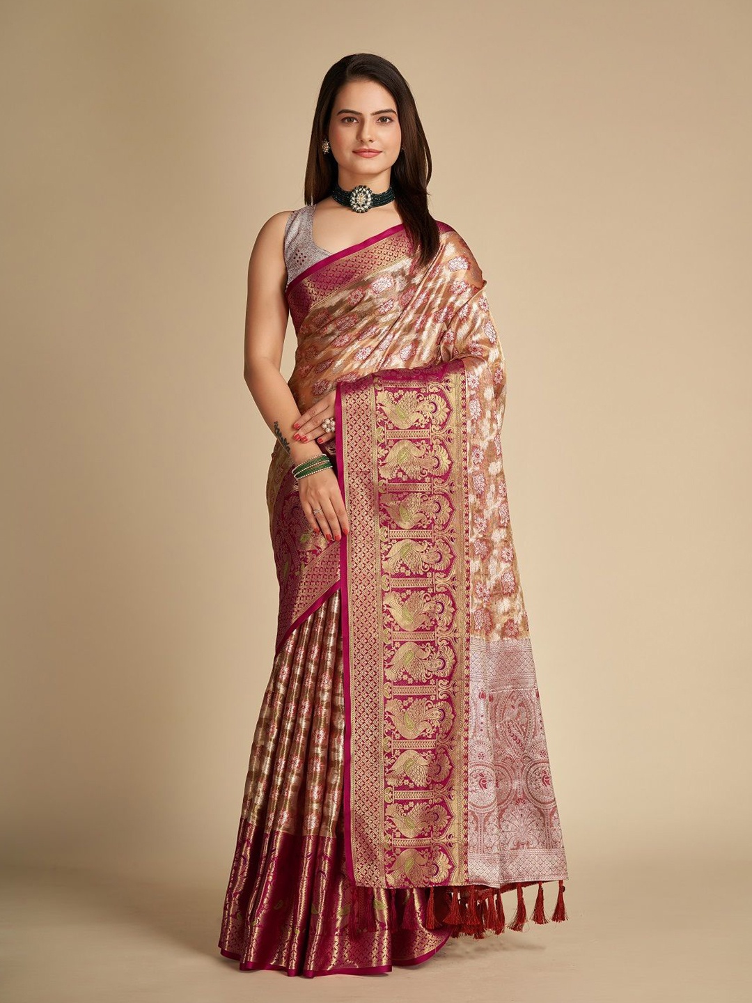 

ORUS Ethnic Motifs Zari Banarasi Saree, Brown