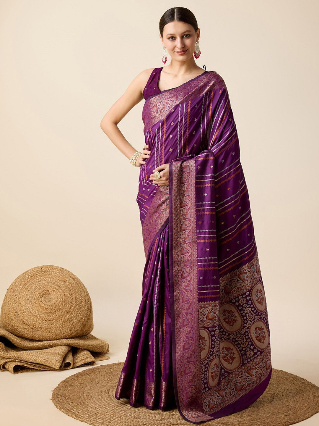 

ORUS Ethnic Motifs Woven Design Zari Banarasi Saree, Purple