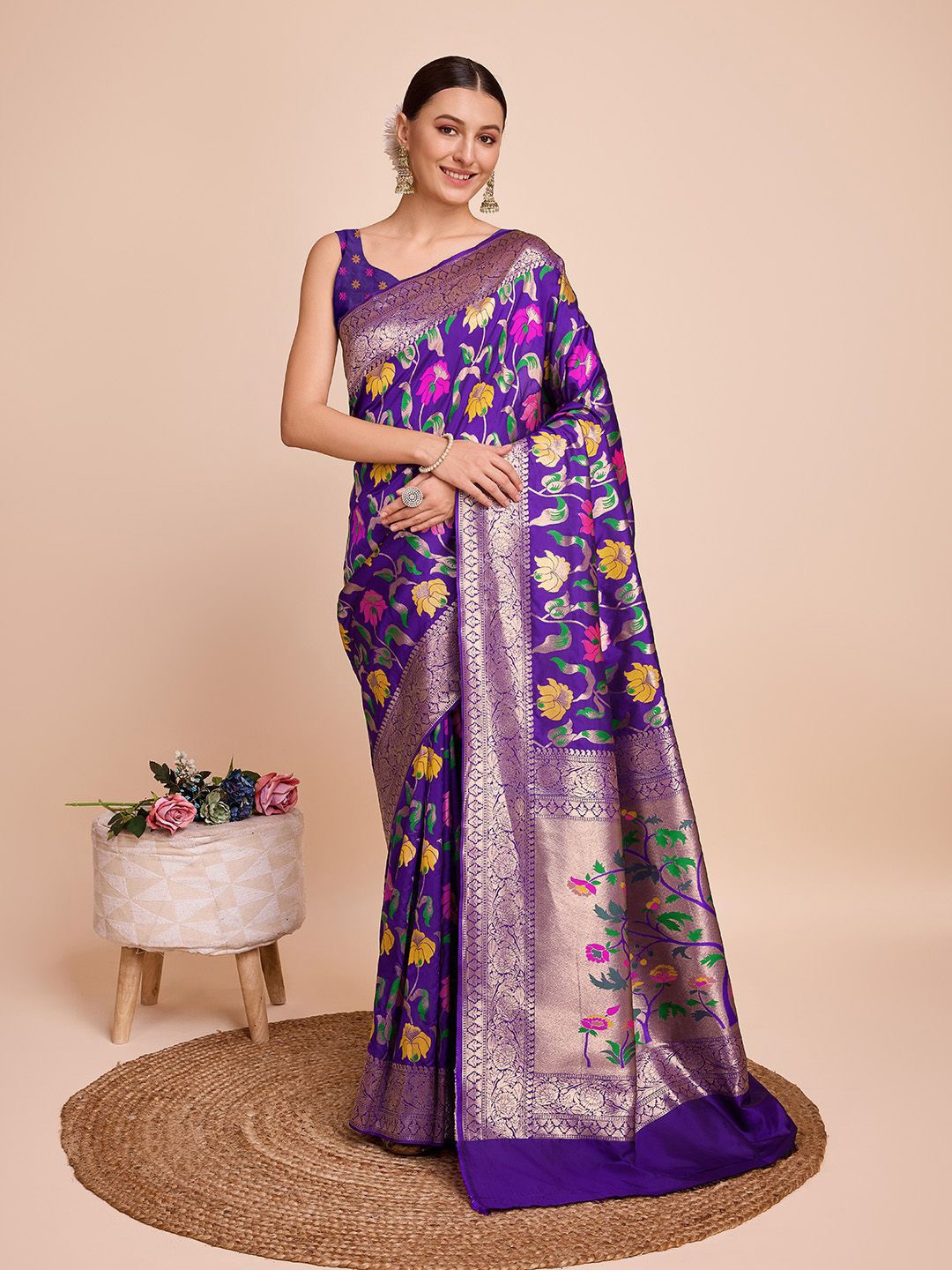 

ORUS Woven Design Zari Pure Silk Paithani Saree, Violet