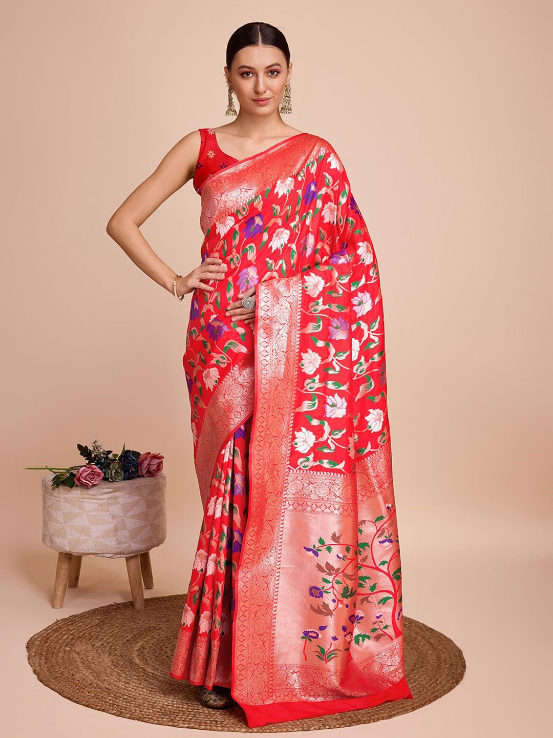 

ORUS Woven Design Zari Pure Silk Paithani Saree, Red