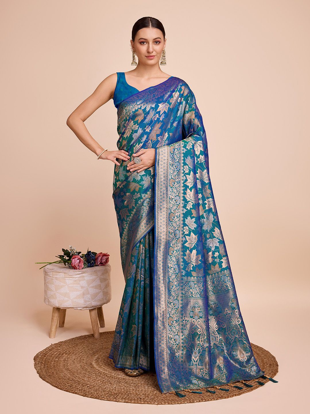 

ORUS Woven Design Zari Pure Silk Banarasi Saree, Teal